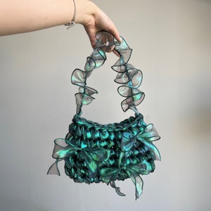 Chiffon Ribbon Crochet Bag, Handmade Ribbon Bag, Shoulder bag, Coquette crochet bag, Aesthetic Crochet Bag, Bow Crochet Bag