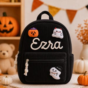 Custom Name Backpack for Kids, Halloween Pumpkin Bat Bag, Orange Corduroy Preschool Bookbag, Personalized Toddler Gift