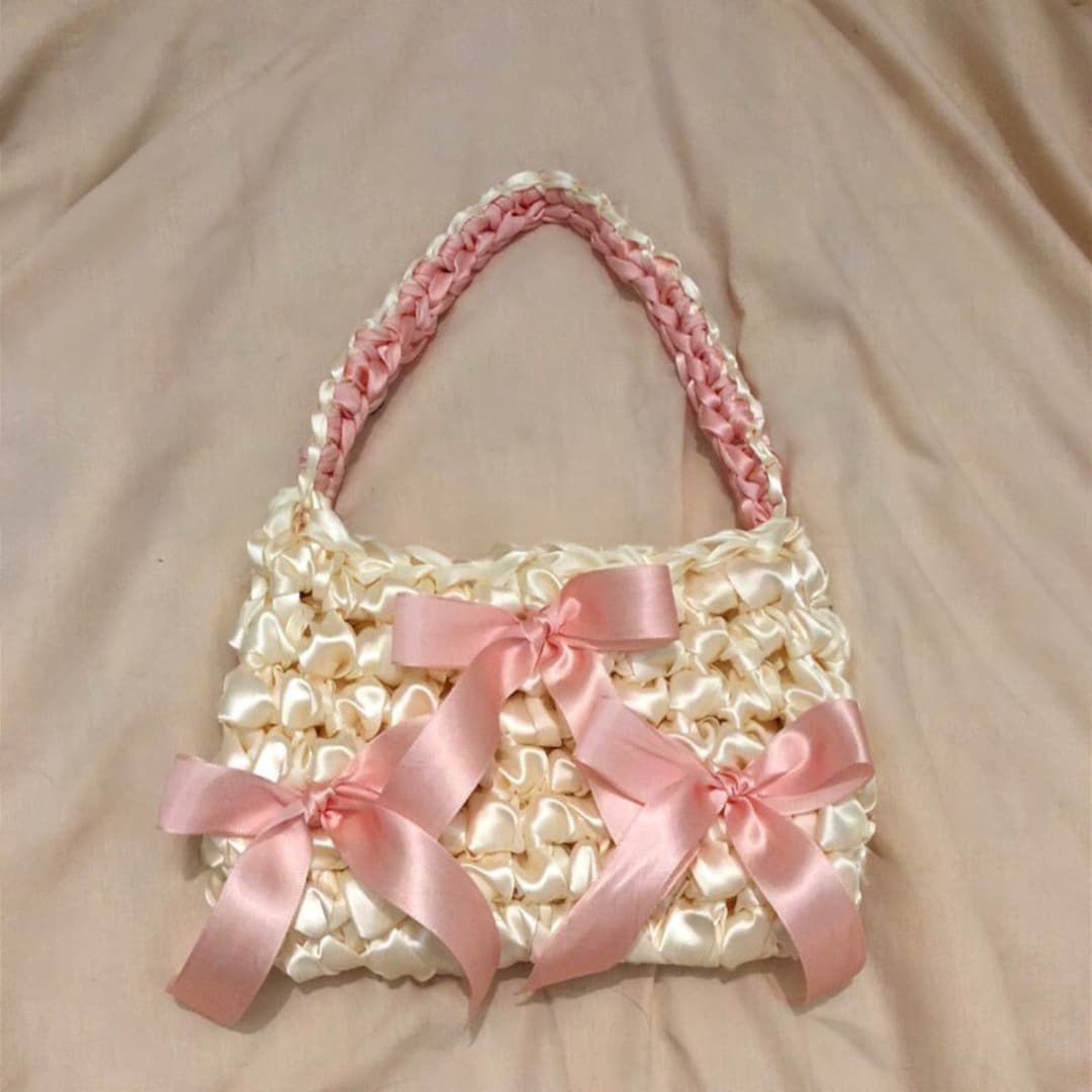Crochet Ribbon Bag, Satin Ribbon Tote Bag, Shoulder Bag, Coquette