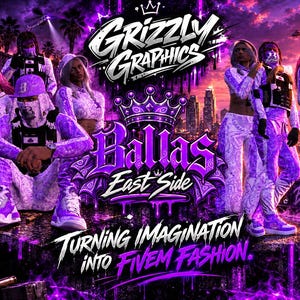 May include: A digital graphic featuring multiple figures wearing matching purple and white patterned clothing, bandanas, and tactical vests. The text reads Grizzly Graphics, Ballas East Side, Purple Reigns, and Turning Imagination into FiveM Fashion.