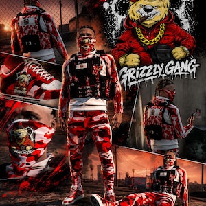May include: A red and white camouflage tracksuit featuring a matching face mask, trainers, and a black tactical vest. The design includes a graphic of a bear wearing a red hoodie, gold chain, and cap with the text Grizzly Gang printed below.