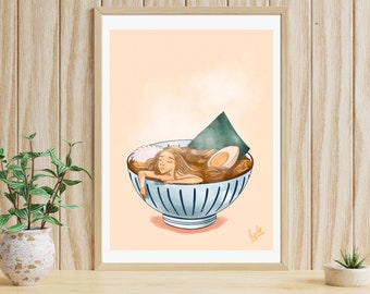 Ramen Girl Print, Asian Food, Art Print, Ramen, Kitchen Poster, Food Wall Art, Onsen