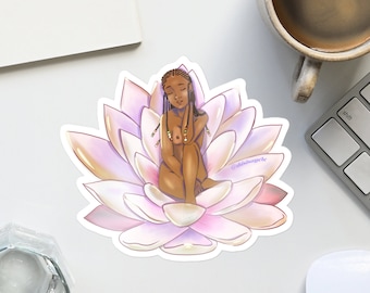 Divine Feminine Sticker Lotus Sticker • Black Girl Goddess Art • Soft Girl • Spiritual Girl Healing Vinyl Sticker • Sacred Feminine
