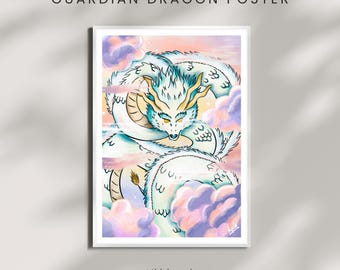 Guardian Dragon, Dragon Wall Art Poster, Pastel Fantasy Dragon Illustration, Mythical Creature Art Print, Dreamy Anime Style Decor