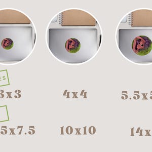 May include: A sticker with a colourful design, shown in three sizes: 3x3 inches, 4x4 inches, and 5.5x5.5 inches. The sticker is displayed on a laptop, with a notebook in the background. The sticker's design is a mix of pink, purple, and green.