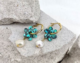 The DAISY Hoops | Floral Lasercut Acrylic Earrings | Freshwater Pearls | Teal Disco Glitter - Turquoise Acrylic