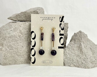 The GEMSTONE Collection | Purple Jade | Czech Crystal Glass Beads | Amethyst | Drop Earrings | 24K Gold Plated Stainless Steel Ball Stud