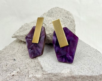 The GEO BRASS Studs | Modern Geometric Stud Earrings | Purple Marble Acrylic + Gold Brass | Lasercut Acrylic Earring