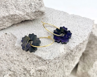 The LITTLE FLOWER Hoops | Floral Hoop Earrings | Black, Purple and Metallic Gold Marble Acrylic | Laser Cut Acrylic Earrings