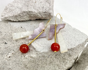 The SHAPES Hoops | Geometric Hoop Earrings | Lavender + White Marble Acrylic + Raw Brass + Orange Agate Beads | Lasercut Earrings