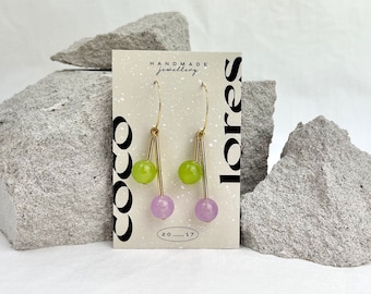The CRYSTAL BEAD Hoops | Purple and Green Chalcedony Beads | 20mm Gold Coloured Stainless Steel Hoops