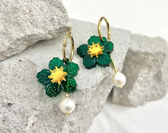 The HIBISCUS Hoops | Floral Lasercut Acrylic Hoop Earrings | Freshwater Pearl | Green Transparent Acrylic