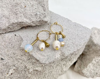 The GEMSTONE Collection | Mismatched Hoop Earrings | Moonstone | Freshwater Pearls | Czech Glass Beads | Stainless Steel Hoop