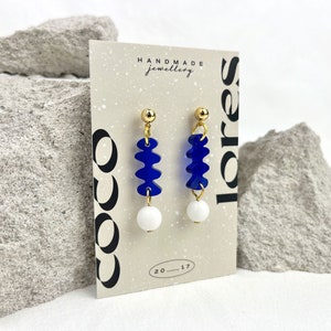 The MINI SHAPE Drops Lightweight Lasercut Drop Earrings Royal Blue Transparent Acrylic White Jade Beads Handmade image 6