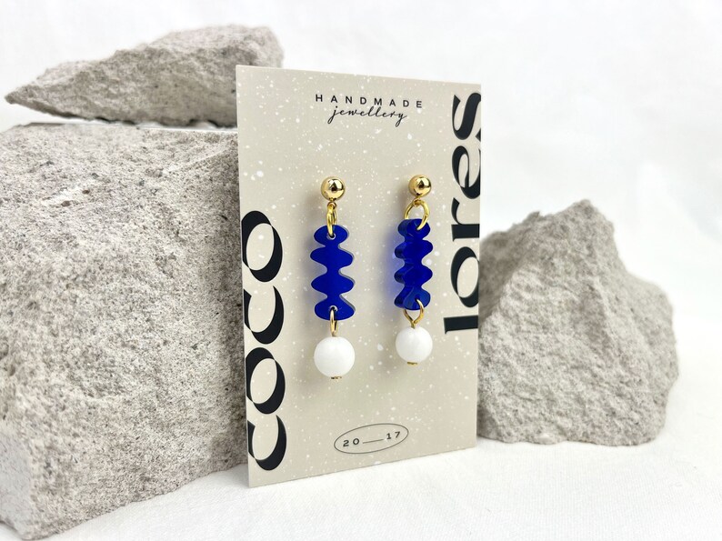 The MINI SHAPE Drops Lightweight Lasercut Drop Earrings Royal Blue Transparent Acrylic White Jade Beads Handmade image 6