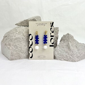 The MINI SHAPE Drops Lightweight Lasercut Drop Earrings Royal Blue Transparent Acrylic White Jade Beads Handmade image 9