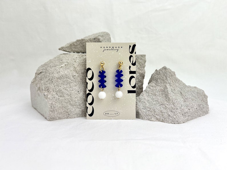 The MINI SHAPE Drops Lightweight Lasercut Drop Earrings Royal Blue Transparent Acrylic White Jade Beads Handmade image 9