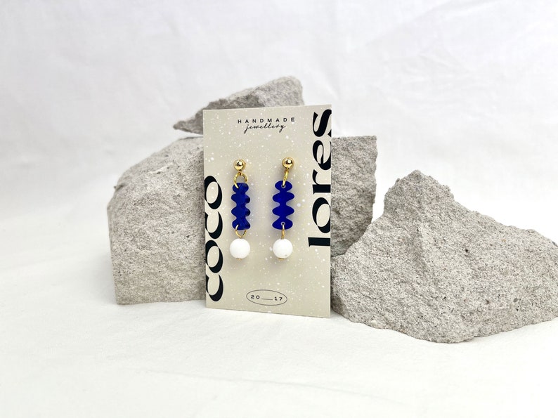 The MINI SHAPE Drops Lightweight Lasercut Drop Earrings Royal Blue Transparent Acrylic White Jade Beads Handmade image 7