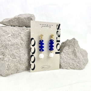 The MINI SHAPE Drops Lightweight Lasercut Drop Earrings Royal Blue Transparent Acrylic White Jade Beads Handmade image 8