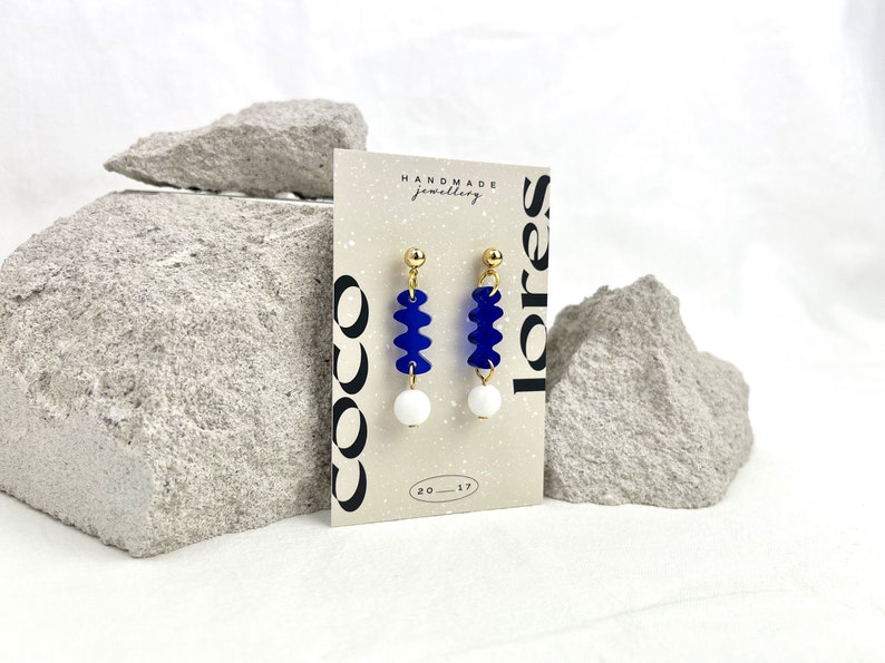 The MINI SHAPE Drops Lightweight Lasercut Drop Earrings Royal Blue Transparent Acrylic White Jade Beads Handmade image 8