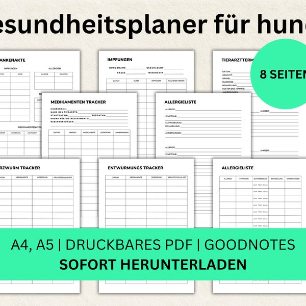 DEUTSCH Hundeplaner Dog Health Planner Gesundheitsplaner für Hunde Goodnotes Gesundheit Haustierplaner Druckbares