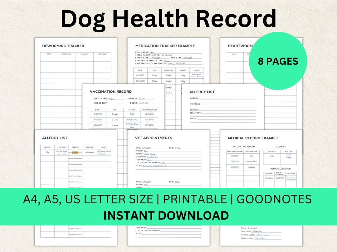 Dog Health Record Printable Dog Vaccination Record Vet Appointments ...