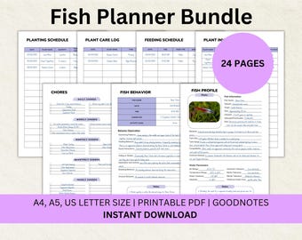 May include: A printable fish planner bundle with 24 pages. The planner includes sections for planting schedules, plant care logs, feeding schedules, fish behavior, and fish profiles. The planner is available in A4, A5, and US letter sizes.