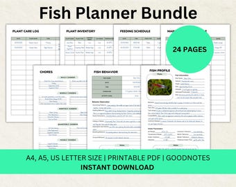 May include: Printable fish planner bundle with 24 pages. The bundle includes a plant care log, plant inventory, feeding schedule, chore list, fish behavior log, and fish profile. The pages are in A4, A5, and US letter size.