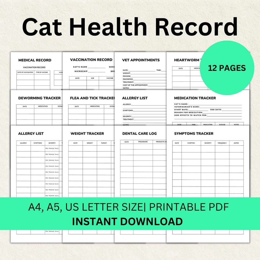 Cat Health Record Printable and Kitten Vaccination Records Vet - Etsy