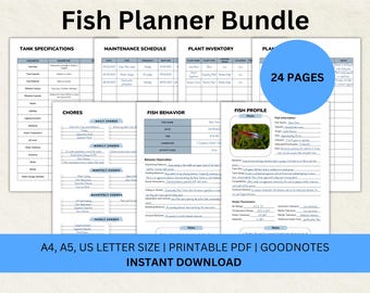 May include: A printable fish tank planner bundle with 24 pages. The planner includes sections for tank specifications, maintenance schedule, plant inventory, fish profile, and fish behavior. The pages are in a light blue and gray color scheme.