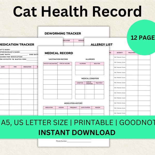 Cat Health Record Printable Kitten Vaccine Record Vet Appointments Cat Medical Record Goodnotes Cat Shot Record Cat Vaccination Record Pink