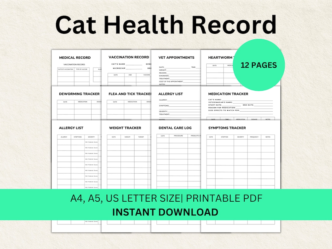 Cat Health Record Printable Kitten Vaccine Record Vet Appointments Cat