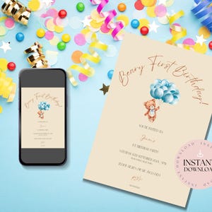 Beary erste Geburtstagskind-Einladung | Bearbeitbarer Teddybär-Junge einladen |  1. Geburtstag Digitale Vorlage | Sofort Download