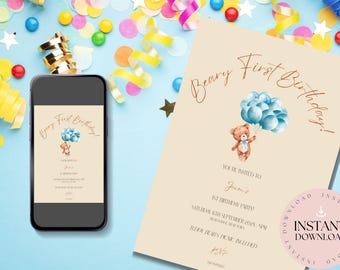 Teddy Bear 1st Birthday Invitation | Boy, Editable Template (Digital Download)