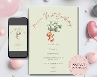 Teddy Bear 1st Birthday Invitation | Green, Editable Template (Digital Download)