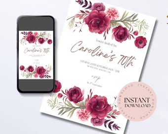 Burgundy Rose Gold 70th Birthday Invitation, Editable Burgundy Rose Gold Digital Template, Floral Party Invite for Women