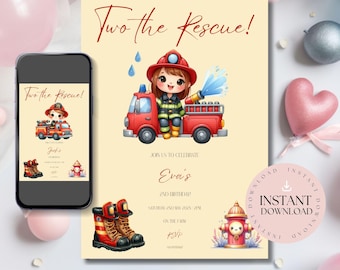 Inbjudan till Two The Rescue-födelsedag | Brandbilsfest (Canva-mall)