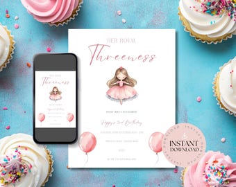 Her Royal Threeness Birthday Invitation, Editable Princess Party Invite, Pink 3rd Birthday Invite Download