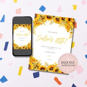 60th Birthday Invitations with Sunflowers | Sunflower Party Invite | Editable Floral Template | Printable Birthday Card