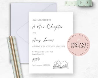 May include: A white invitation card with black text that reads "Join us to celebrate A New Chapter for Amy Lucas Saturday 20th September 2024 2PM Revolution Cafe 123 London Road London Town L1001 RSVP Sam Jenson on 123456789". The card also features a black line drawing of an open book.