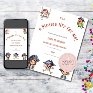 Pirate Theme Invitation, Customizable Kids Birthday Invite, Instant Download for Fun Pirate Party Template, 4th Birthday Invite