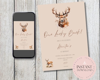 One Lucky Buck Invitation Template |  Buck Deer Theme Party | The Big One Deer Hunting First Birthday Invite | Hunting Birthday |