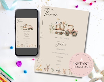 Farm Animals 3rd Birthday Invitation | Tractor Party Invite (Digital Download)