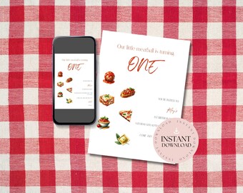 Może przedstawiać: Smartfon i biała karta zaproszenia z napisem "Our little meatball is turning ONE" oraz ilustracjami włoskiego jedzenia, takiego jak klopsiki i pizza, są wyświetlane na czerwono-białym obrusie w kratkę.