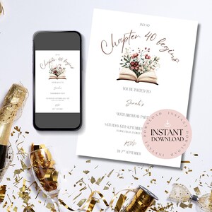 May include: A birthday invitation with the text "Chapter 40 begins" and floral illustrations. The design is displayed on a smartphone and a printed card, with a champagne bottle and confetti in the background.