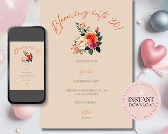 Blooming into 30 Invitation | Floral 30th Birthday Digital Invite | Editable Template for Dinner or Brunch Celebration