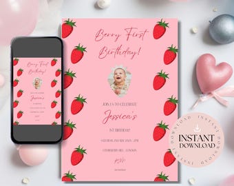 Strawberry First Birthday Invitation | Berry Sweet Photo Invite (Digital Download)