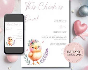 One Cute Chick Invite | Editable Farm Birthday Invitation | Digital Chicken Party Invite |  First Birthday Decor