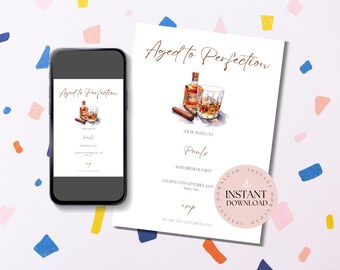 Bourbon Themed Birthday Invite, Editable Whiskey Template for Men, Digital Celebration, Masculine Party Invite