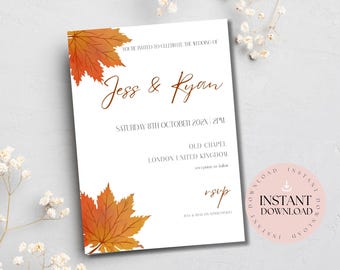 Autumn Leaves Wedding Invitation Template | Rustic Fall (Digital Download)